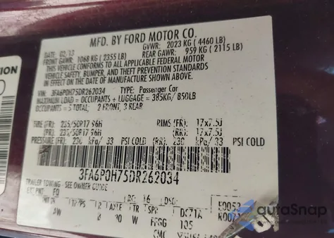 2013 Ford Fusion Se z USA, uszkodzony, nr VIN 3FA6P0H75DR262034